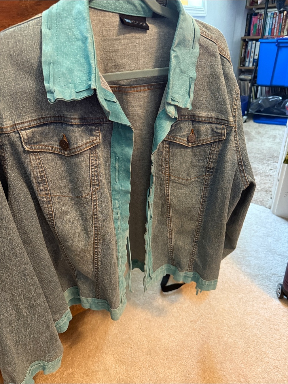 Relativity Two-Tone Denim Jacket in Light Blue with Suede Aqua Trim